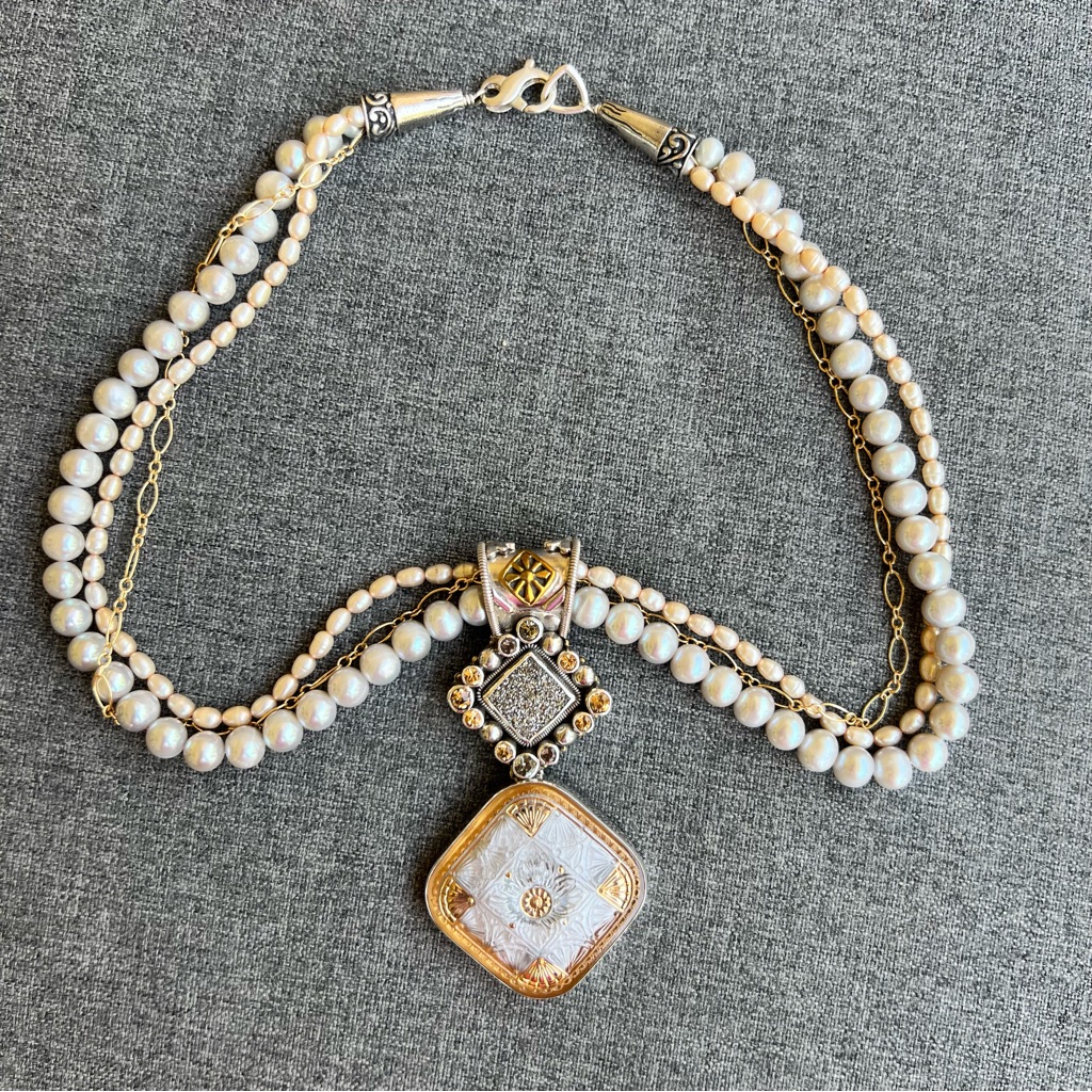 Mars And Valentine Double Strand Pearl Necklace With Ornate Pendant Silver Drusy
